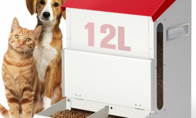 Automatic Cat Feeder 2 Cats,12L Automatic Pet Feeders Large Capacity Outdoor Galvanized Steel Multiple Cats Feeder Gravity Dog Dry Food Dispenser with Lid Red White product image