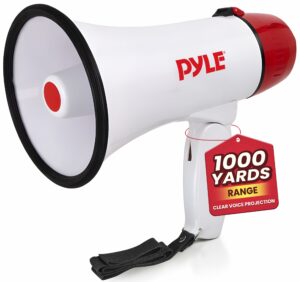 Pyle 20W Megaphone Bullhorn - 5.4'' x 8.6'' Portable Megaphone, Projection Range Up to 1100 Sq. Yards, Voice Talking & Siren Alert, Shoulder Strap, Battery Operated, (White) product image