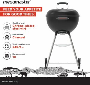 Megamaster 18" Portable Charcoal Barbecue Grill with Adjustable Air Vent, Storage Rack, 245 SQ. In Cooking Area, 2 Wheel Transport BBQ Grill for Camping, Outdoor Cooking, Patios, and More - 810-KY003 18" Heavy Duty Charcoal Kettle Grill product image