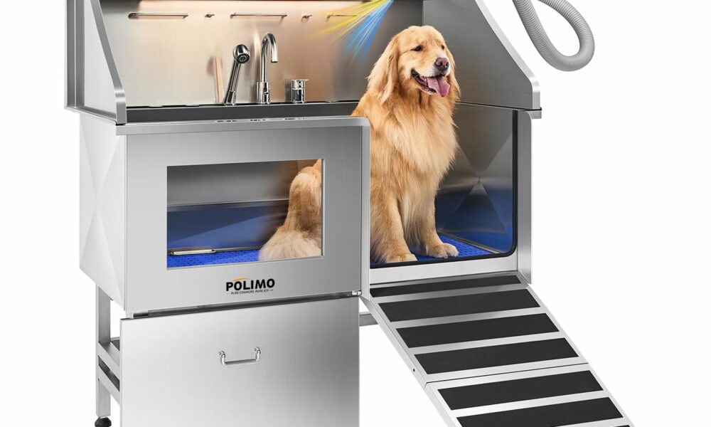 POLIMO Dog Wash Station with Pet Dryer & LED, Professional Dog Bathing Station for Large, Medium & Small Dogs – with Window, Ramp, Drawer, Floor Grate, LED Display & Faucet (Right Ramp & Dryer, 50") Right Ramp & Dryer 50" product image