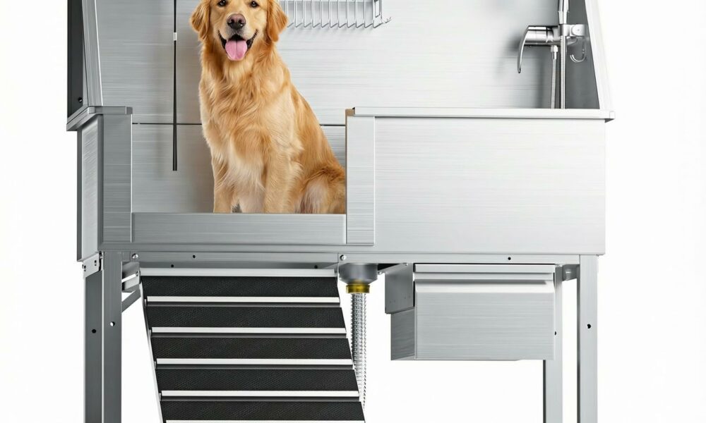 46" Heavy Duty Dog Washing Station - 304 Stainless Steel Pet Bathing Tub with Left Side Ramp, Elevated Grooming Sink with Storage Drawer & Removable Floor Grate, Outdoor Ready for Large & Medium Dogs 46” Left Ramp product image