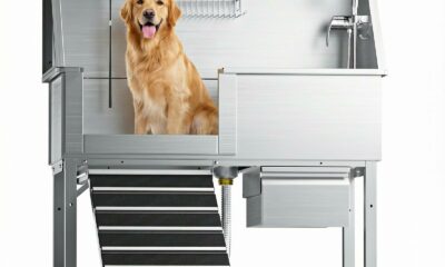 46" Heavy Duty Dog Washing Station - 304 Stainless Steel Pet Bathing Tub with Left Side Ramp, Elevated Grooming Sink with Storage Drawer & Removable Floor Grate, Outdoor Ready for Large & Medium Dogs 46” Left Ramp product image