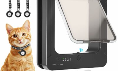 Smart Cat Door for Interior & Exterior, Cat Pet Door with 3 Collar Sensor Keys & 1 Remote Control & 4 Way Locking Cat Flap with RFID Collar Activated Opening Black product image