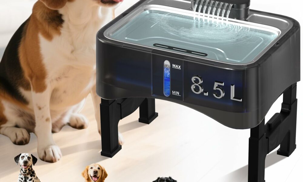 8.5L/2.25Gal Elevated Dog Water Fountain, Xetino 4 Height Adjustable Raised Dog Water Bowl Dispenser for Large Dogs with Stainless Steel Tray BPA-Free, Pet Water Fountain with Ultra Quiet Pump Black product image