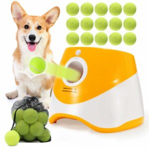 SOCO Automatic Ball Launcher for Dogs, USB Rechargeable with 3 Distances (10/20/30 ft), Safety LED Indicator, Include 15 Tennis Balls, Indoor/Outdoor Fetch Toy for Small/Medium Dogs Orange-15 balls product image