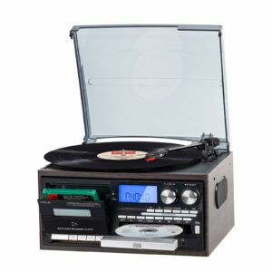 9-in-1 Retro Turntable with Built-in Speakers, Reocrd Player with Bluetooth, AM/FM Radio, CD, Cassette, USB/SD Playback, Remote Control, and Headphone Jack Dark Brown product image