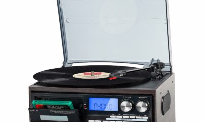 9-in-1 Retro Turntable with Built-in Speakers, Reocrd Player with Bluetooth, AM/FM Radio, CD, Cassette, USB/SD Playback, Remote Control, and Headphone Jack Dark Brown product image