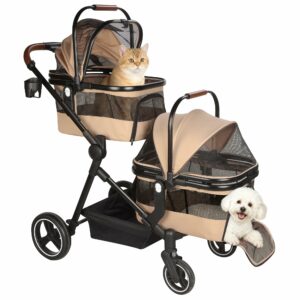 Foldable Double Pet Stroller for 2 Small Medium Cats Dogs, Lightweight Single and Double Integrated Pet Stroller with Detachable Carriers Khaki Double