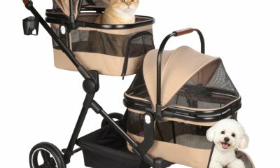 Foldable Double Pet Stroller for 2 Small Medium Cats Dogs, Lightweight Single and Double Integrated Pet Stroller with Detachable Carriers Khaki Double product image