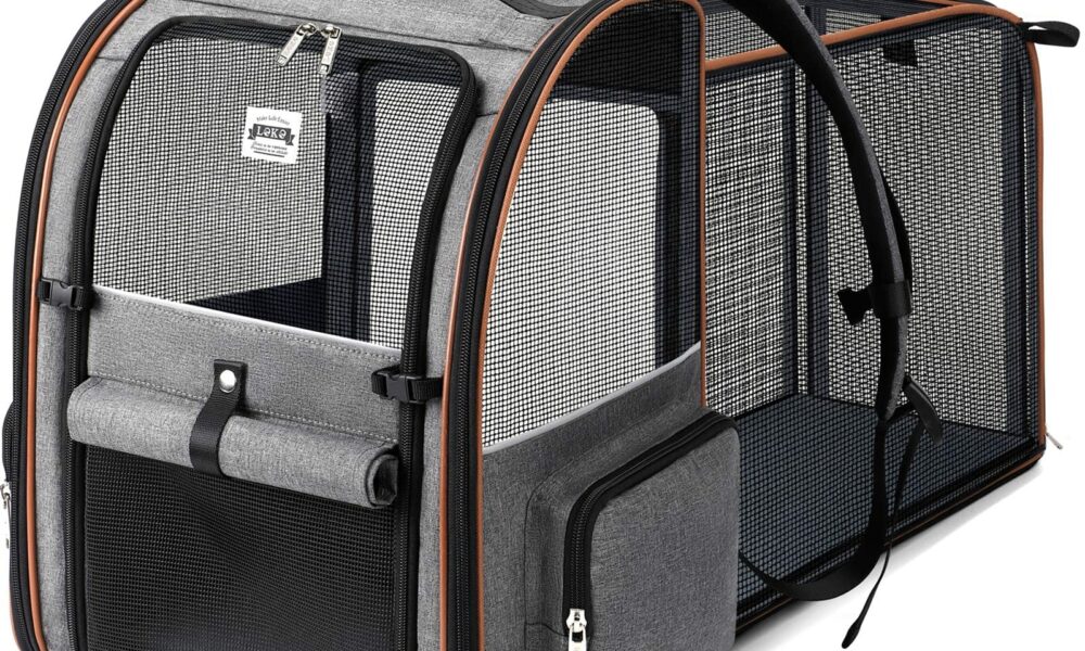 Lekebobor Cat Carrier Backpack, Expandable Pet Carrier with Sun Shade & Full Front Opening, Breathable Mesh Backpack for Small Dogs & Medium Cats Up to 18 Lbs, Foldable for Hiking, Camping (Grey) Grey L-Mesh Window product image