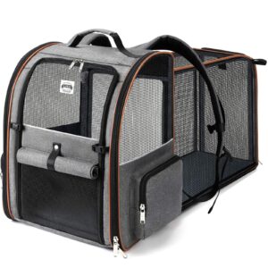 Lekebobor Cat Carrier Backpack, Expandable Pet Carrier with Sun Shade & Full Front Opening, Breathable Mesh Backpack for Small Dogs & Medium Cats Up to 18 Lbs, Foldable for Hiking, Camping (Grey) Grey L-Mesh Window product image