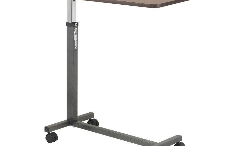 Drive Medical Overbed Table with Wheels - Secure Height Adjustment for Comfort - Non Tilt Surface - Smooth Rolling Design - Home & Hospital Use - Woodgrain Laminate Top - Silver Vein Silver Vein Table product image