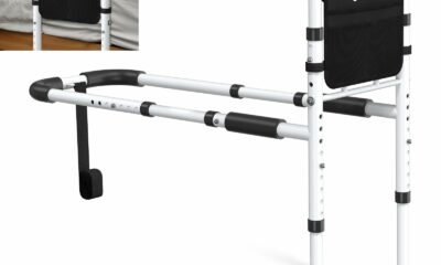 Bed Rails for Elderly Adults Safety - ASTM Approved Adjustable Bed Cane Supports 350LBS with Non-Slip Grip & Storage Pocket, Stable Bed Assist Rails for Seniors, Tool-Free Black Curved Handle Medium product image