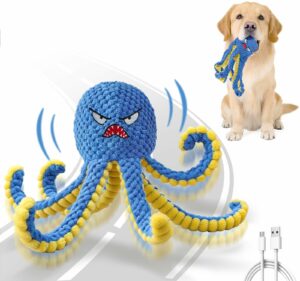 Qraxond Interactive Dog Toy Octopus Automatic Jumping Squeaky Tug of War USB Rechargeable