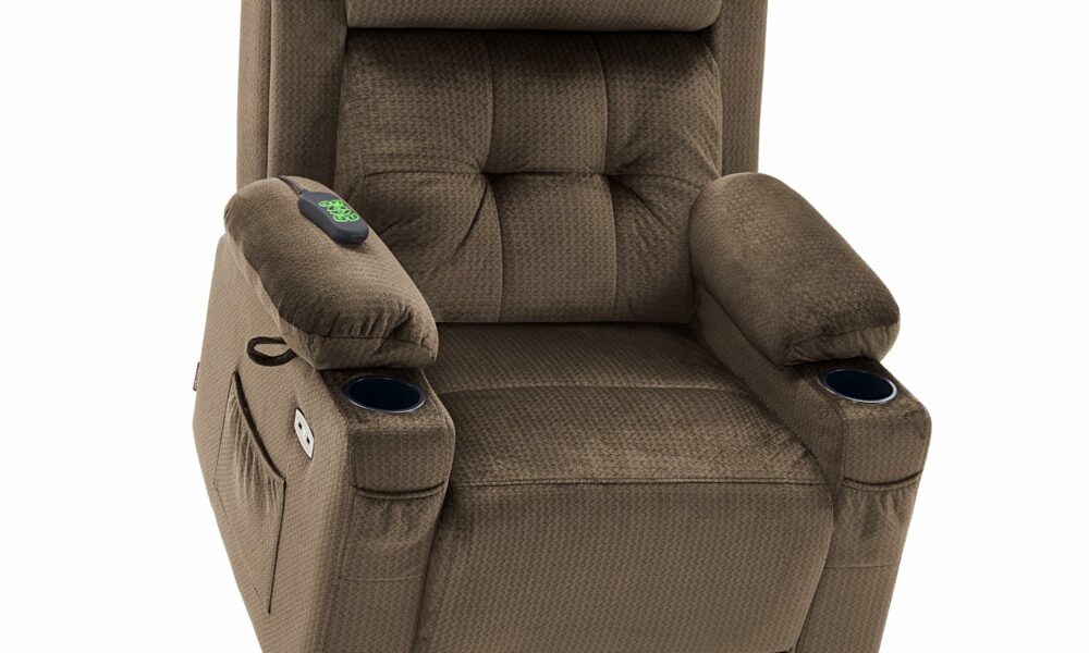 MCombo Large Triple Motor Power Lift Recliner Chair with Massage and Heat for Elderly People, Adjustable Headrest, Infinite Position, USB Ports, Fabric 7662 (Brown, Large) Large Brown product image