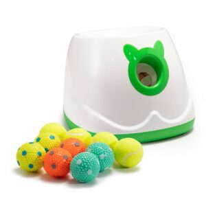 WIGGLYTAIL Automatic Ball Launcher for Dogs, 4-Distance Fetch Thrower with 10 Balls (2-Inch)