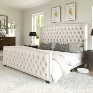 AMERLIFE King Size Upholstered Platform Bed with Wingback Headboard