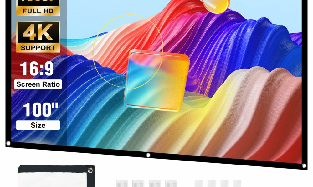 HAPPRUN Projector Screen, 100 inch Projection Screen, 16:9 Foldable Portable Projector Movies Screens for Home Theater Outdoor Indoor Support Double Side Projection product image