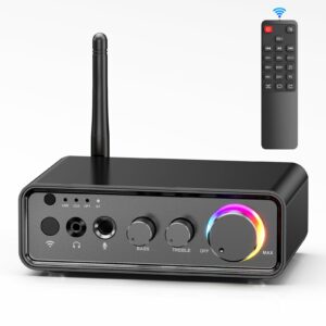 M19 BT Amplifier Stereo Receiver, Bluetooth 5.3 Mini Amplifier 2 Channels 100W x2 HiFi Class D Amp with RCA/Optical/Coaxial/Mic Input and Bass Treble Control for Home Outdoor Speakers product image