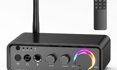 M19 BT Amplifier Stereo Receiver, Bluetooth 5.3 Mini Amplifier 2 Channels 100W x2 HiFi Class D Amp with RCA/Optical/Coaxial/Mic Input and Bass Treble Control for Home Outdoor Speakers product image