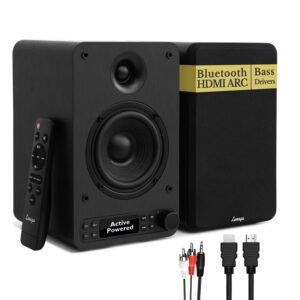 LEMEGA Active Bookshelf Speakers 40W RMS, Powered Stereo Speakers with 4" woofer and 1.25" Tweeter, Bluetooth,USB, HDMI/Optical/AUX/RCA Inputs for PC and TV, LED Display, Bass & Treble Control product image