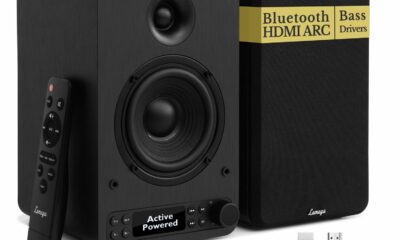 LEMEGA Active Bookshelf Speakers 40W RMS, Powered Stereo Speakers with 4" woofer and 1.25" Tweeter, Bluetooth,USB, HDMI/Optical/AUX/RCA Inputs for PC and TV, LED Display, Bass & Treble Control product image