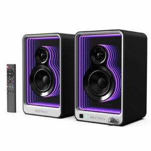BESTISAN 50W*2 Active Bookshelf Speakers with Dynamic Light Effect, 3" Bass Computer Speakers with ARC/Optical/RCA/BT 5.2/USB/SUB Out Input for Turntable, PC, TV and Phone. product image