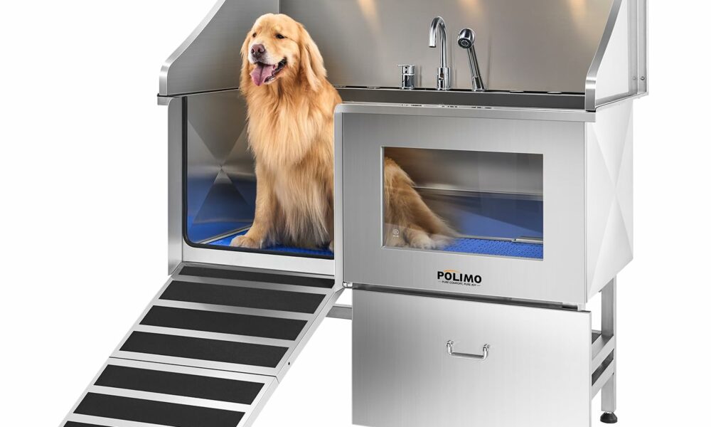 POLIMO Dog Washing Station, LED Professional Stainless Steel Dog Bathing Station 50", Dog Grooming Tub for Large, Medium & Small Dog - with Window, Ramp, Drawer, Floor Grate & Faucet (Left Ramp, 50") Left Ramp 50" product image