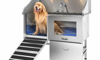 POLIMO Dog Washing Station, LED Professional Stainless Steel Dog Bathing Station 50", Dog Grooming Tub for Large, Medium & Small Dog - with Window, Ramp, Drawer, Floor Grate & Faucet (Left Ramp, 50") Left Ramp 50" product image