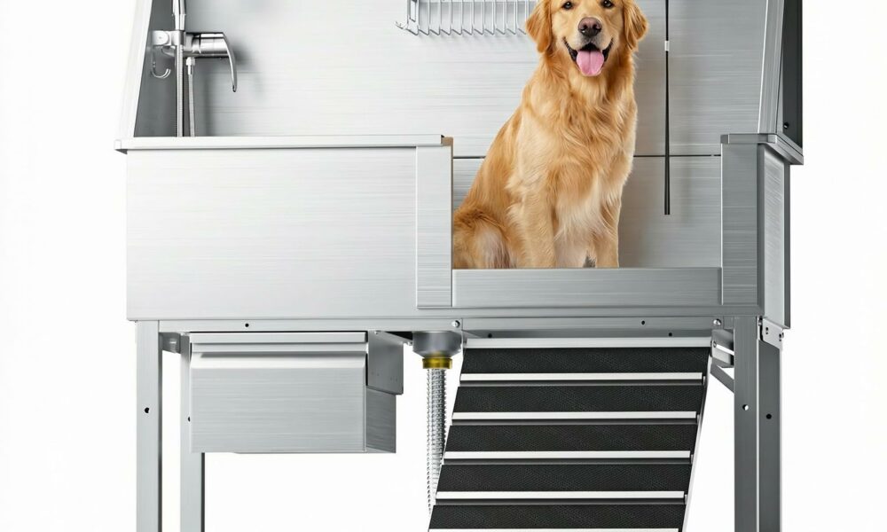 46" Heavy Duty Dog Washing Station - 304 Stainless Steel Pet Bathing Tub with Right Side Ramp, Elevated Grooming Sink with Storage Drawer & Removable Floor Grate, Outdoor Ready for Large & Medium Dogs 46“ Right Ramp product image