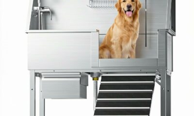 46" Heavy Duty Dog Washing Station - 304 Stainless Steel Pet Bathing Tub with Right Side Ramp, Elevated Grooming Sink with Storage Drawer & Removable Floor Grate, Outdoor Ready for Large & Medium Dogs 46“ Right Ramp product image