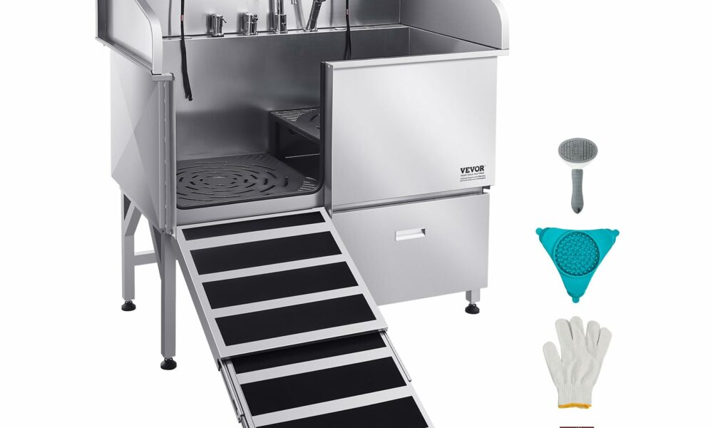 VEVOR Dog Bath Tub, Professional 50 Inch 304 Stainless Steel Dog Washing Station Anti-Slip Ramp & Storage Drawer, Hot Cold Water Faucet and Showerhead for Large Medium Small Dogs (Left Door) 50 inch Left RAMP product image