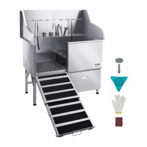 VEVOR Dog Bath Tub, Professional 50 Inch 304 Stainless Steel Dog Washing Station Anti-Slip Ramp & Storage Drawer, Hot Cold Water Faucet and Showerhead for Large Medium Small Dogs (Left Door) 50 inch Left RAMP product image