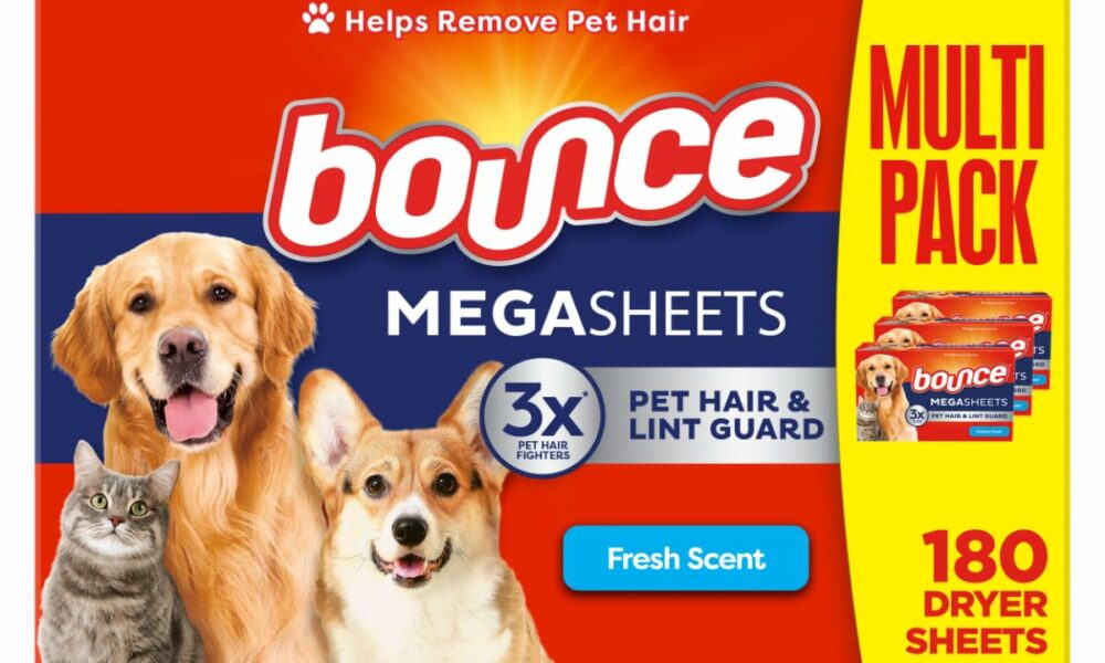 Bounce Pet Hair and Lint Guard Mega Dryer Sheets with 3X Pet Hair Fighters, Fresh Scent, 180 Count Fresh 180 Count (Pack of 1) product image