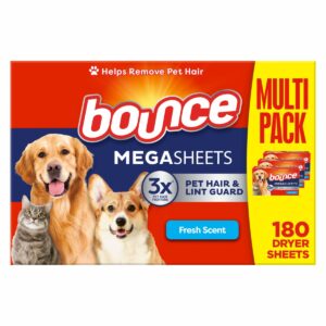 Bounce Pet Hair and Lint Guard Mega Dryer Sheets with 3X Pet Hair Fighters, Fresh Scent, 180 Count Fresh 180 Count (Pack of 1) product image