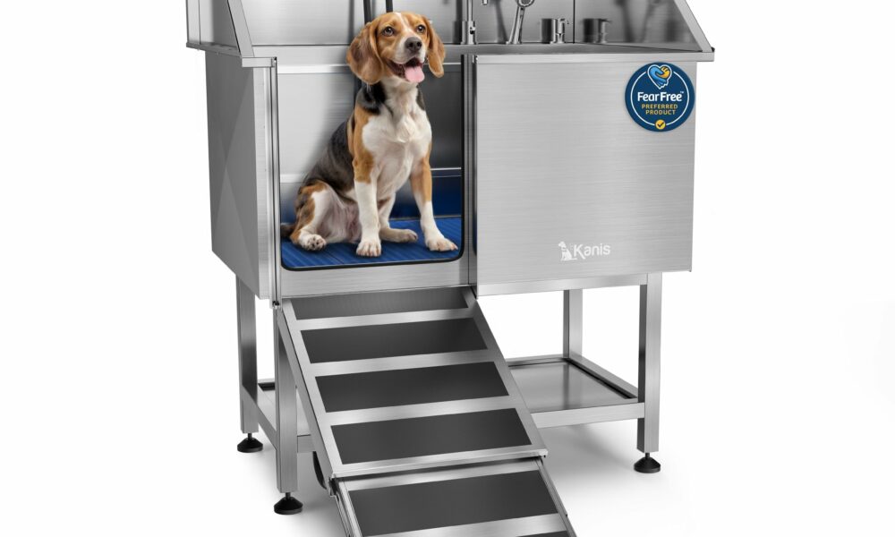 KANIS Professional Dog Washing Station - 304 Stainless Steel Pet Wash Sink & Grooming Bathtub w/Shower, Floor Grates and Storage for Large, Medium & Small Pets (40", Shelf - Left Ramp) Shelf - Left Ramp 40" product image