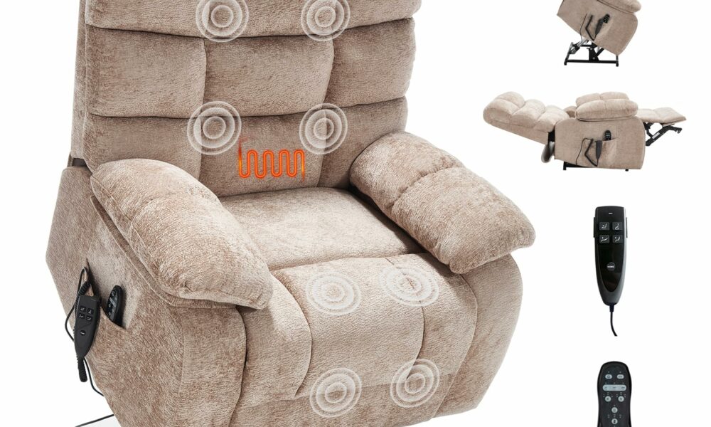 Oversized Power Lift Recliner Chair for Elderly, Dual Motor Lay Flat Recliner Big Chair with Massage and Heating, Chenille Electric Recliner Chairs for Living Room, Medium-Firm, Beige product image