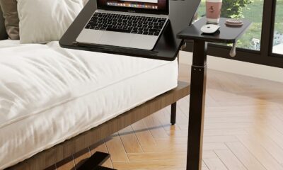 PUNCIA Height Adjustable Overbed Table with Pneumatic Lift and Wheels Split Top Tilting Tray and Rolling Laptop Desk – Bedside Cart for Reading Computer Work Study in Bedroom and Home Office Rectangular Black product image