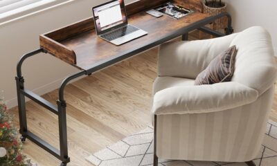 Overbed Table with Wheels, Bed Desk Recliner Table Adjustable Height Laptop Table, Queen King Size Over The Bed Table with Wheels & Heavy Duty Metal Leg Laptop Desk for Recliner (Rustic Brown) product image