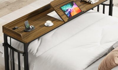 Overbed Table with Wheels and Height Adjustable, 71 inch Queen Size Bed Table with Adjustable Tilt Board, Mobile Laptop Cart Computer Desk with Outlets & USB Ports, Brown Brown Queen Size product image