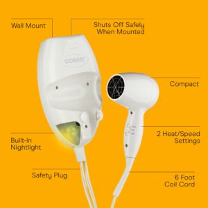 Conair Wall-Mount Hair Dryer, 1600W Blow Dryer with LED Nightlight, 2 Heat 2 Speed Settings, White 1 Count (Pack of 1) product image
