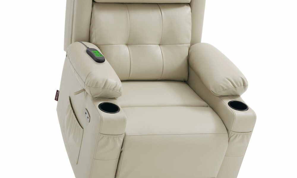 MCombo Lay Flat Triple Motor Power Lift Recliner Chair with Massage and Heat, Electric Recliner Chair for Elderly People, Adjustable Headrest, Infinite Position, Faux Leather 7661 (Beige, Medium) Medium Beige product image