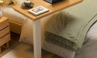 Solid Wood Overbed Bedside Table with Hidden Casters, Adjustable Hospital Bed Table Rolling Laptop Desk with Split Dual Desktop & Pneumatic Gas Spring Lift for Hospital, Home Use (Natural) product image