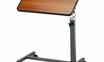 NOVA Overbed Tilt-Top Table with Locking Swivel Wheels, Height Adjustable Bedside Table, 3-Position Tilt Walnut Wood Grain Top, Durable Steel Base, Easy Assembly, Bedside Laptop & Meal Table Tilt Top product image