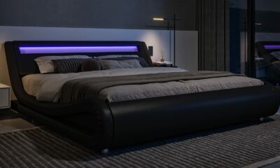Allewie King Size LED Platform Bed Frame with Adjustable Headboard/No Box Spring Need/Easy Assembly/Faux Leather in Black Black King product image