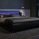 Allewie King Size LED Platform Bed Frame with Adjustable Headboard/No Box Spring Need/Easy Assembly/Faux Leather in Black Black King product image