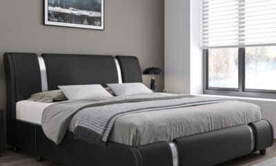 Keyluv Modern Faux Leather Upholstered Platform Bed Frame with Metal Decoration Headboard, Wooden Slats Support, No Box Spring Needed, Queen Size, Black Black Queen product image