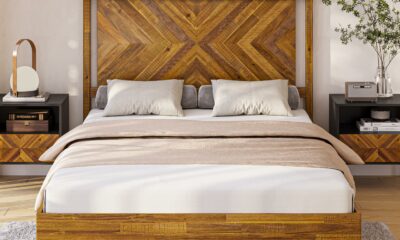 Bme Vivian 14 Inch Deluxe Bed Frame with Headboard, Rustic & Scandinavian Style with Solid Acacia Wood, No Box Spring Needed, 12 Strong Wood Slat Support, Easy Assembly, Queen, Rustic Golden Brown Vivian Bed Frame Rustic Golden Brown Queen product image