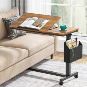 Tribesigns Height Adjustable C Shaped End Table with Wheels and Side Pocket, Mobile Sofa Snack Table with Tiltable Drawing Board, Laptop Side Tray Table for Couch Bed (Walnut Brown) product image