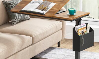 Tribesigns Height Adjustable C Shaped End Table with Wheels and Side Pocket, Mobile Sofa Snack Table with Tiltable Drawing Board, Laptop Side Tray Table for Couch Bed (Walnut Brown) product image